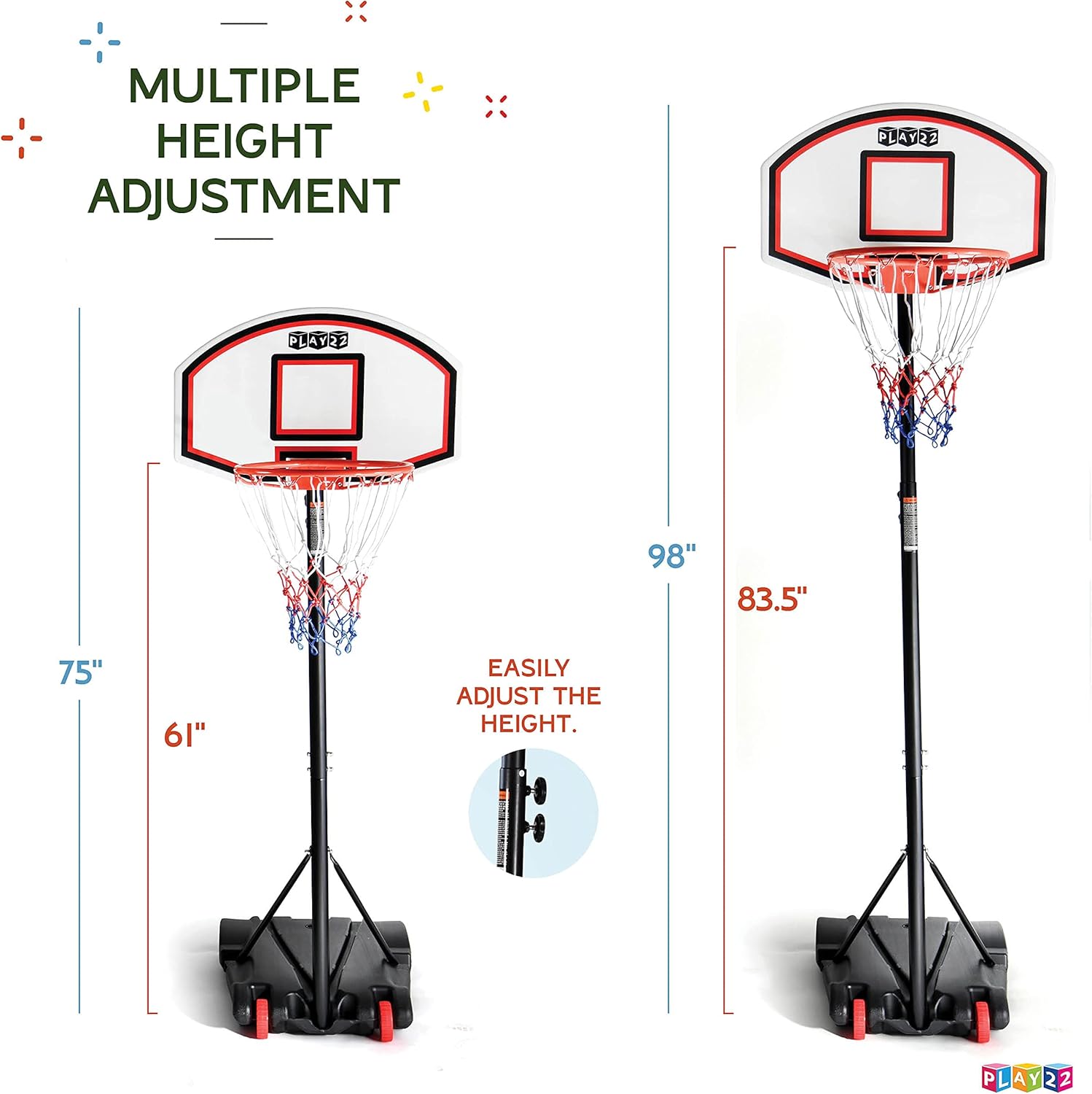 Play22 Kids Adjustable Basketball Hoop Height 5 - 7 FT - Portable Basketball Hoop for Kids Teenagers Youth and Adults With Stand & Backboard Wheels Fillable Base - Basketball Goals Indoor Outdoor Play: Sports & Outdoors
