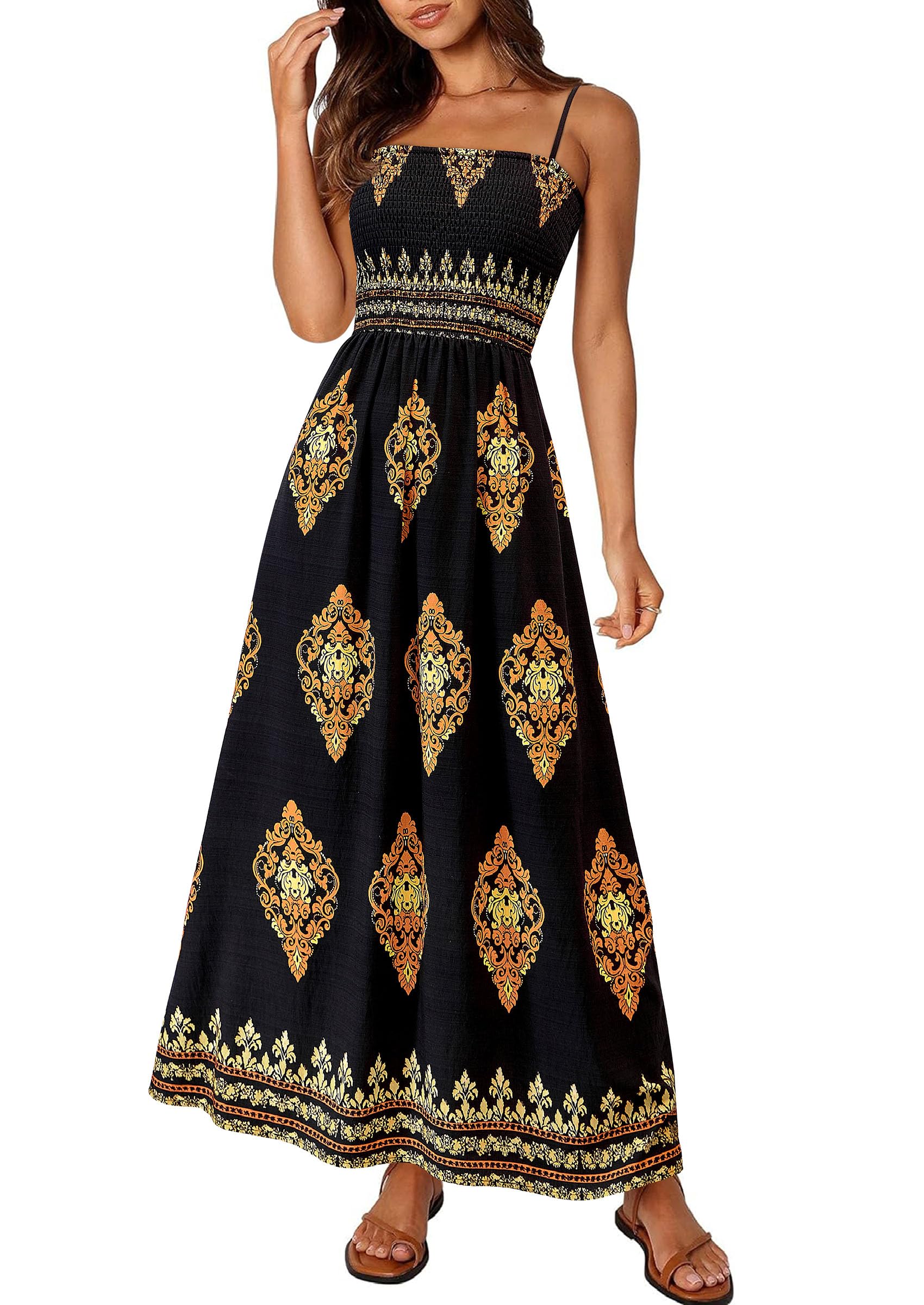 Photo 1 of PRETTYGARDEN Summer Dress for Women 2025 Floral Sundress Spaghetti Strap Flowy Beach Vacation Boho Maxi Dresses (Black Floral,XX-Large)