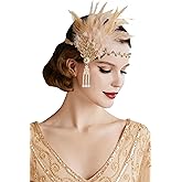 BABEYOND Art Deco 1920's Flapper Great Gatsby Inspired Leaf Medallion Pearl Headband Black Feather