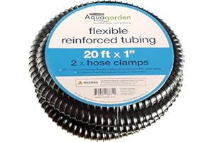 Pennington Aquagarden Aquagarden Flexible Reinforced Pond, 20ft x 1” Internal Diameter, Smooth-bore PVC Pond Tubing, Includes 2 stainless steel Hose Clamps, Corrugated, Tough and Strong