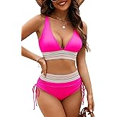 Adisputent Womens High Waisted Bikini Sets Color Block Swimsuit V Neck Tummy Control Swimwear Drawstring 2 Piece Bathing Suit