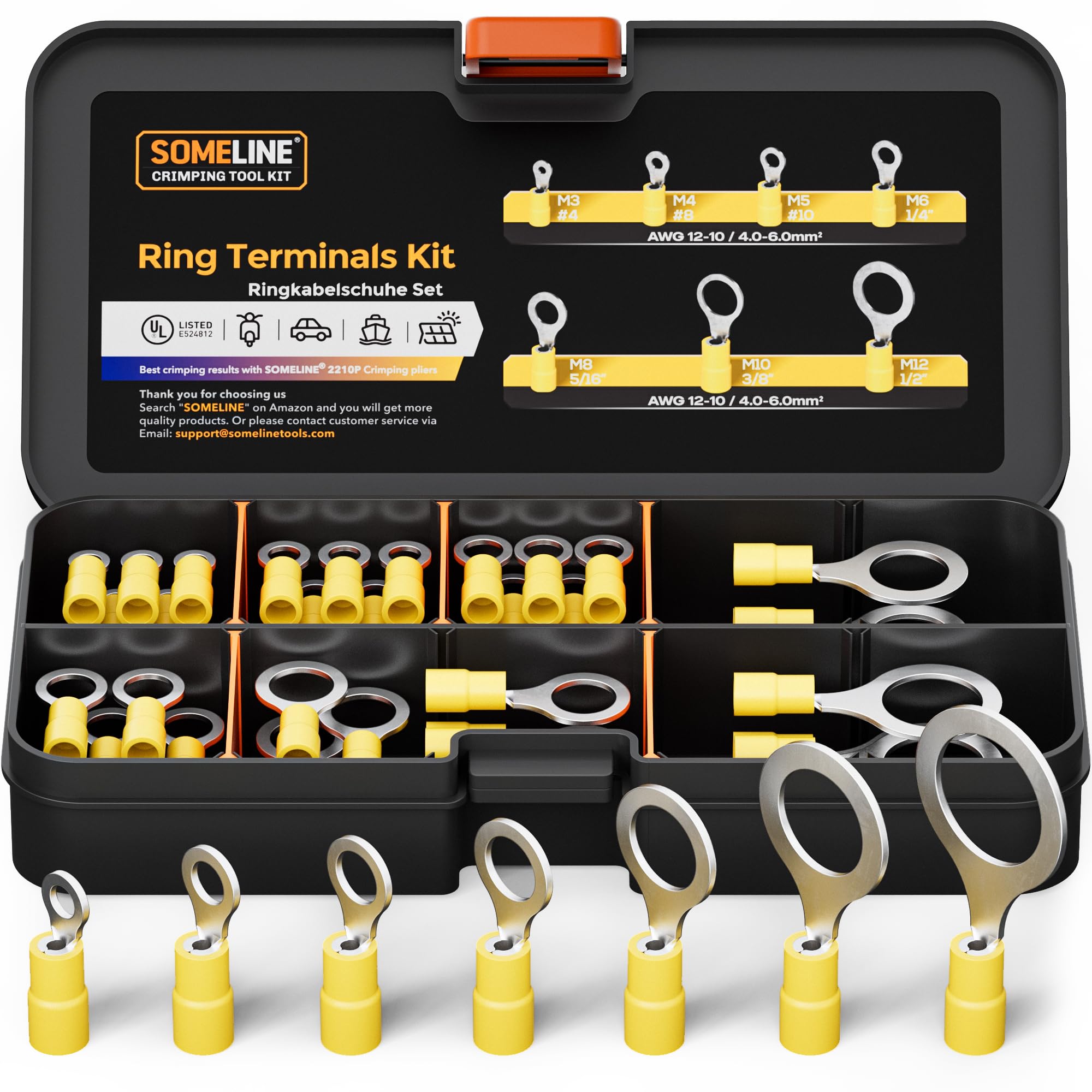 SOMELINE Wire Connectors, Electrical Connectors, Crimp Connectors, Yellow O Ring Terminal Cable, Auto Electrical Connectors 4-6mm²(AWG12-10) Ring Wire Connectors, Cable Connector