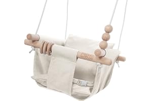 Monkey & Mouse Baby Swing, Cream Indoor Outdoor Portable Hanging Chair - Infant & Toddler Kids 6 Months - 4 Years, Cotton Canvas & Beech Wood Frame, Sensory Hammock Boy & Girl Seat w/Wooden Toys
