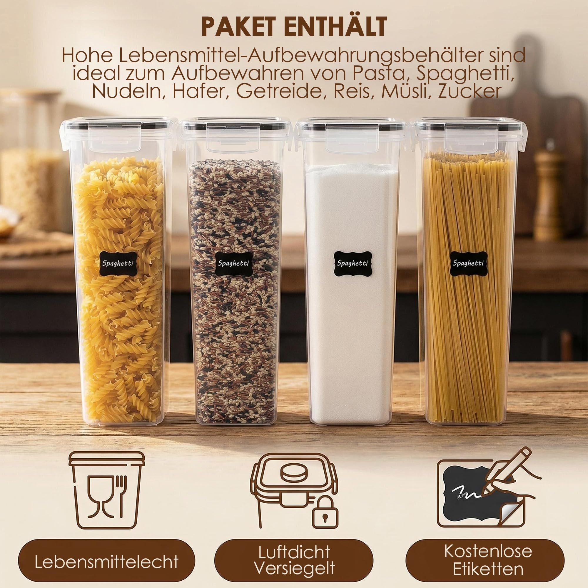 Vtopmart 2.8L Vorratsdosen Set, Müsli Schüttdose & Frischhaltedosen, BPA frei Kunststoff luftdicht,Trockenfutterbehälter, Satz mit 4, 24 Etiketten für Getreide, Mehl, Zucker usw (Schwarz) 4