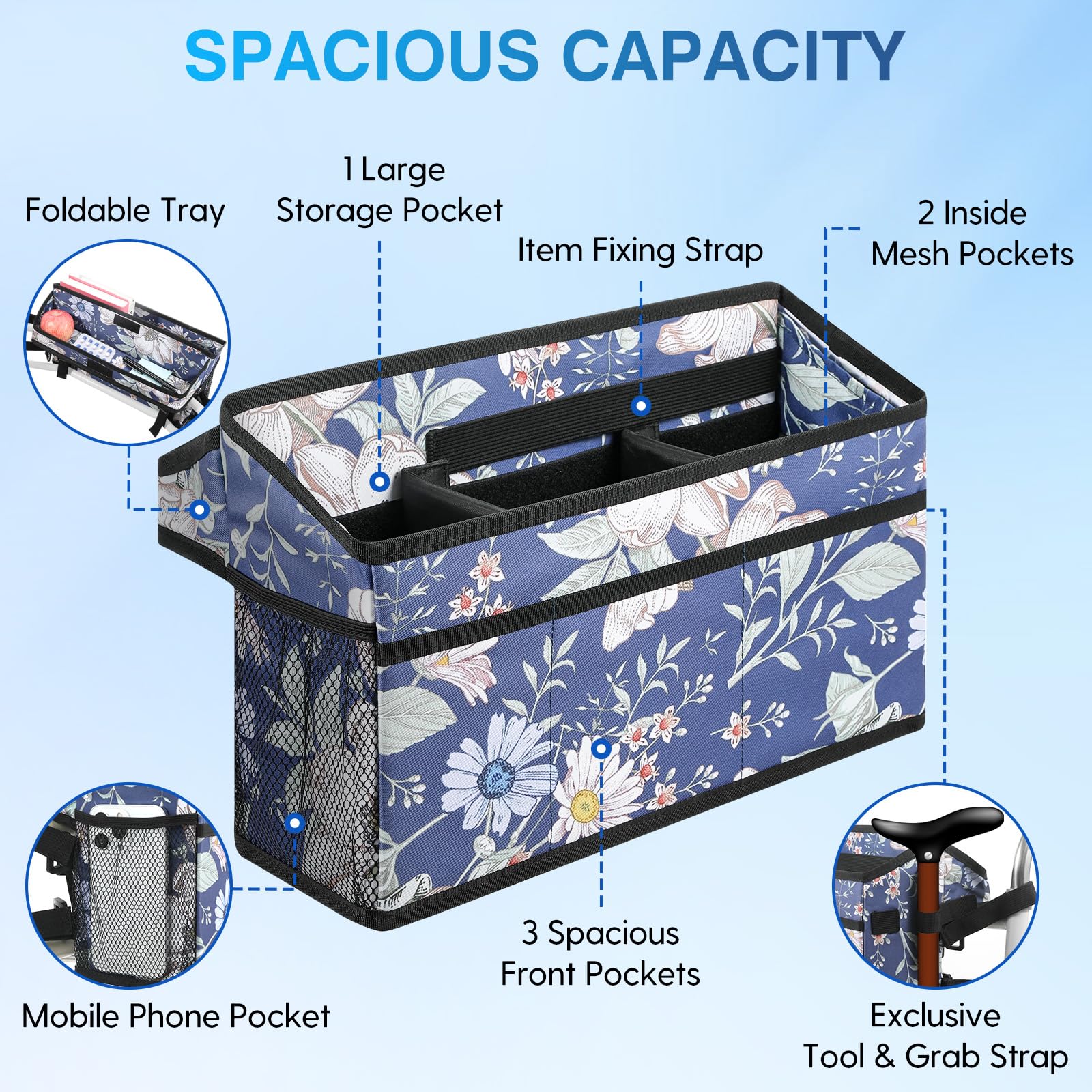 Rhino Valley Walker Basket for Folding Walker, Multi-Pocket Walker Tray with Cup Holder, Foldable Walker Bag, Large Storage Basket for Walker, Walker Accessories for Seniors