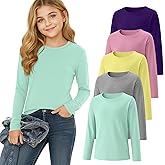 LessonZoo 5 Pack Girls' Long Sleeve Shirts Kids Soft Crewneck Casual Loose Fit Layering Tops Basic Athletic Pullover Tee