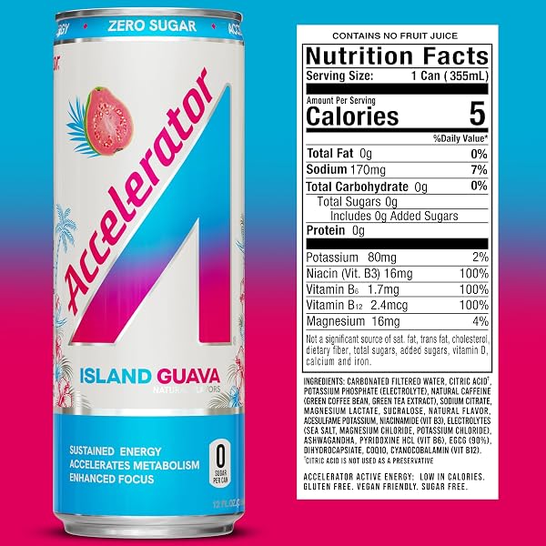 ACCELERATOR ENERGY DRINK, ISLAND GUAVA 12OZ CAN (12 PACK), ZERO SUGAR, SUSTAINED ENERGY FROM 100% NATURAL CAFFEINE (200MG FROM GREEN COFFEE BEAN & GREEN TEA EXTRACT)