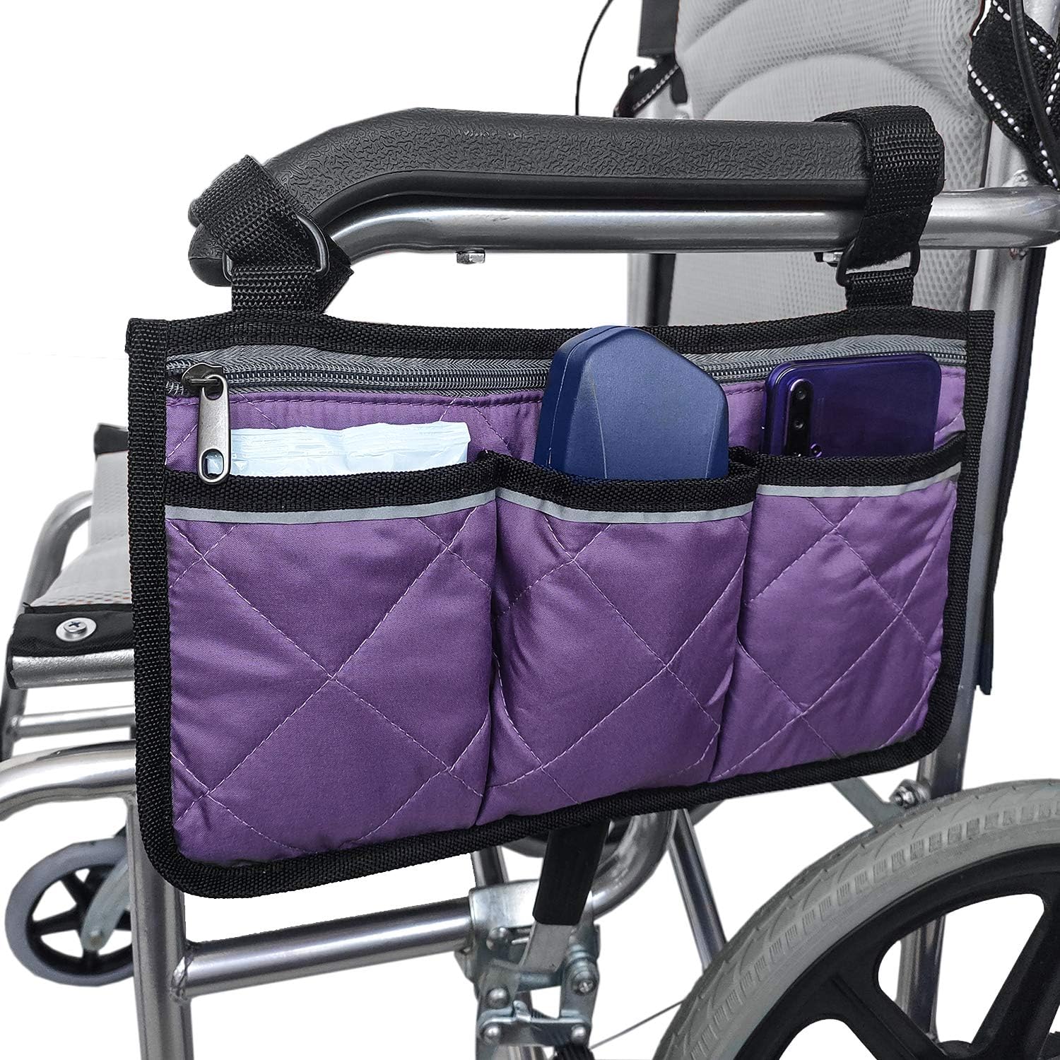 Wheelchair Side Bag with Pouches and Reflective Stripe, Wheelchair Armrest Side Organizer for Electric Wheelchairs, Manual Wheelchair Lightweight and Easy to Use (Purple): Health & Personal Care