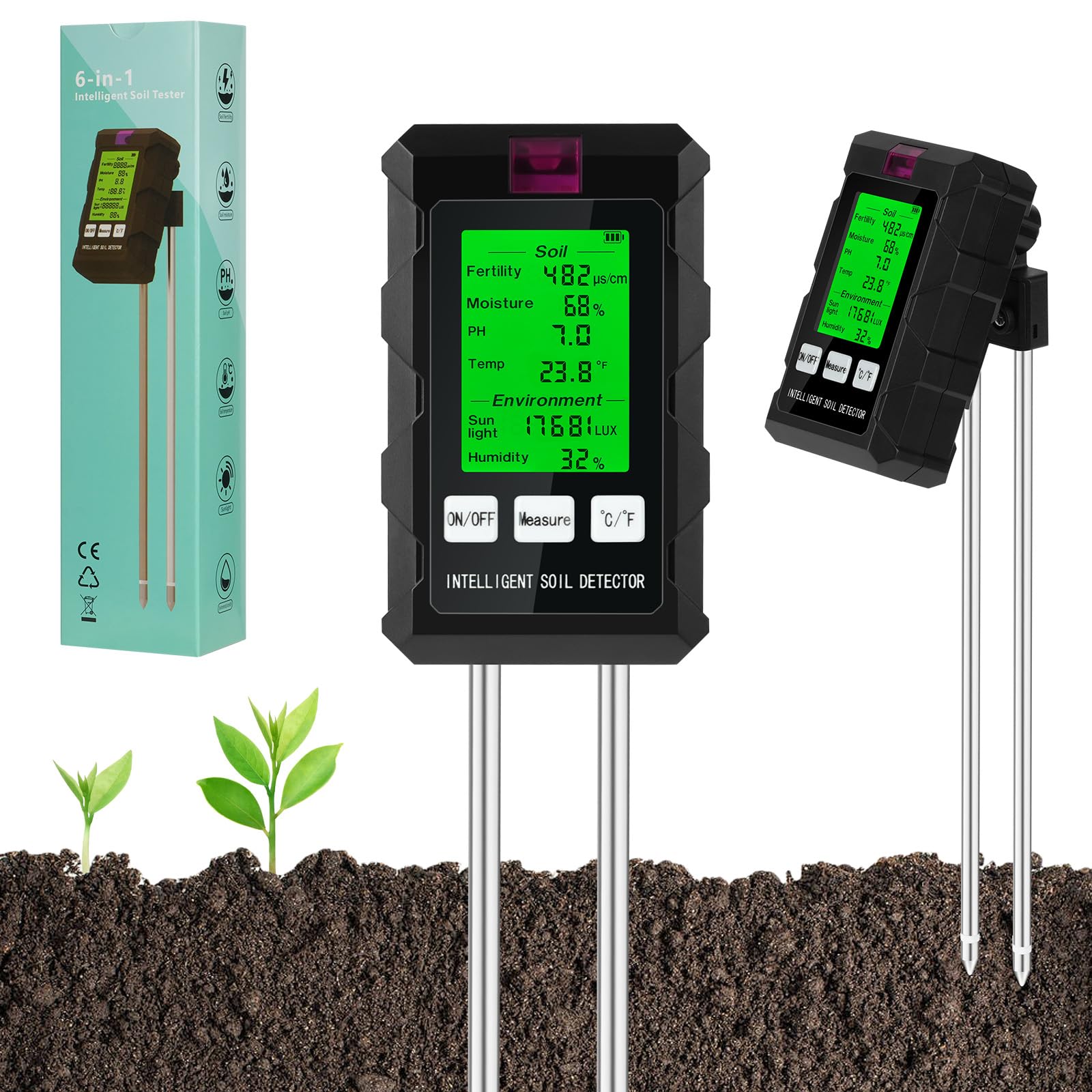 Aolso Soil Meter, 6-in-1 Digital Plant Soil Moisture Meter with Humidity/Fertility/Moisture/PH/Temp/Sunlight, Plant Growth Monitor for Potted Gardening, Agricultural, Indoor and Outdoor Plants