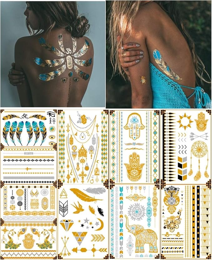 Metallic Temporary Tattoos, 10 Sheets Festival Waterproof