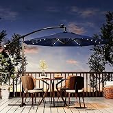 Garvee 10FT Solar Lights Offset Patio Umbrella with Cross Base, Navy Blue | Cantilever Umbrella with Easy Lift &amp; Tilt Adjustment, 8 Ribs Sun umbrella UV Protection for Backyard, Pool, Garden