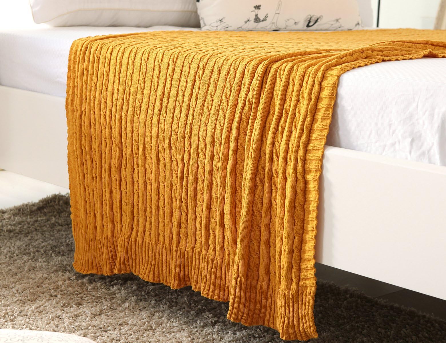 100% All Cotton Knit Throw for Sofa Classic Cable Pattern, 43x70 Inches, Lightweight Ideal for All Year Round Use, Royal Yellow