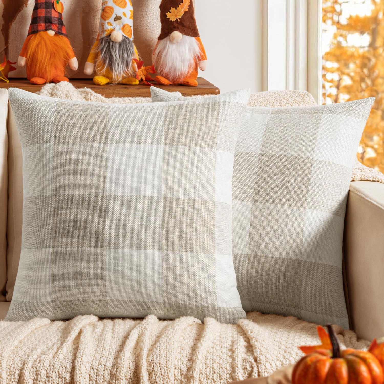 Photo 1 of MIULEE Pack of 2 Farmhouse Buffalo Check Plaids Polyester Linen Soft Soild Square Throw Pillow Covers Cream White Home Decor Outdoor Cushion Case for Sofa Bedroom 20 x 20 Inch