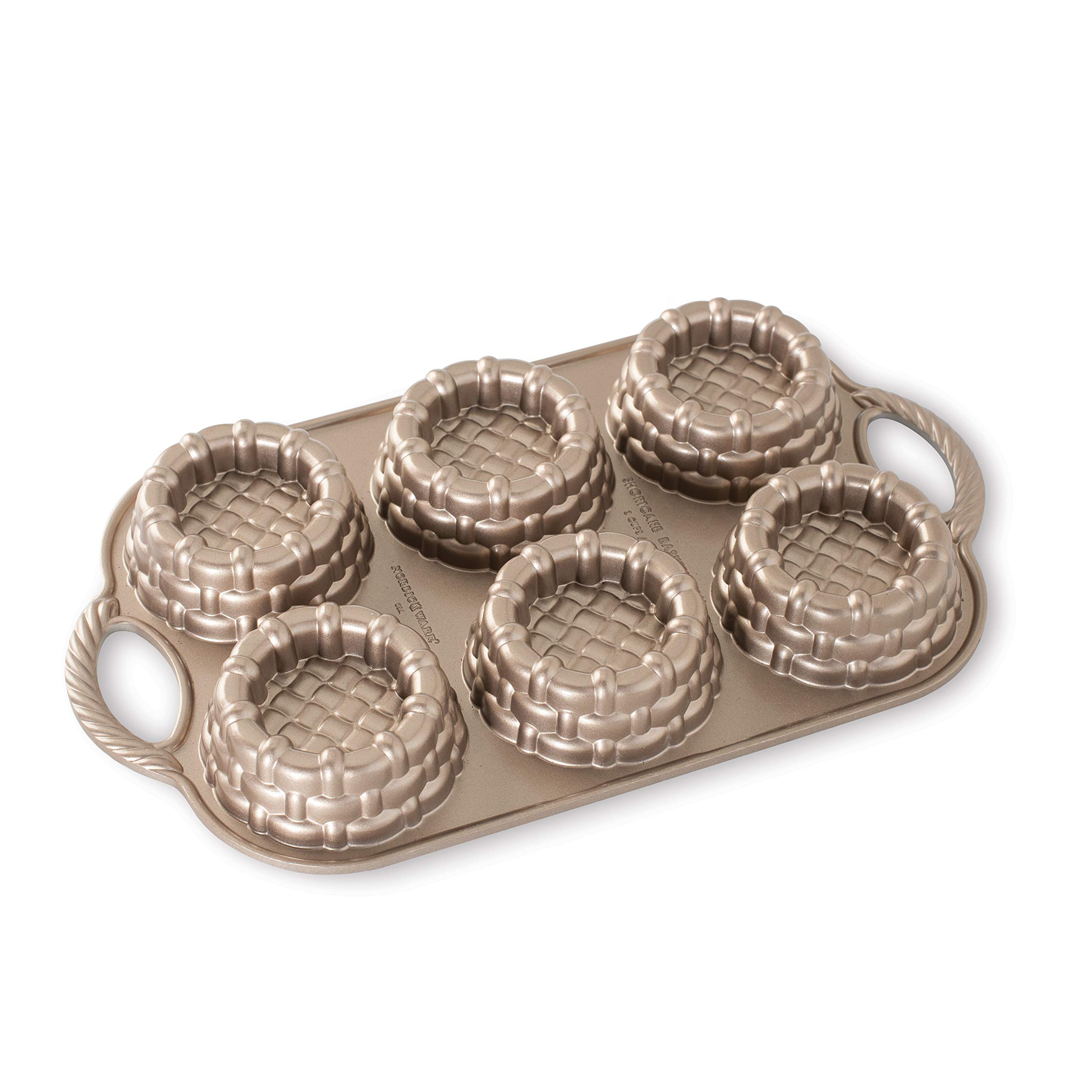 Nordic Ware Shortcake Baskets Cakelet Pan, Mini Basket Cake Mould Tray, Cast Aluminium Cake Tin, Muffin Tray for Spring, Made in The USA Colour: Toffee, 3 Cup Capacity