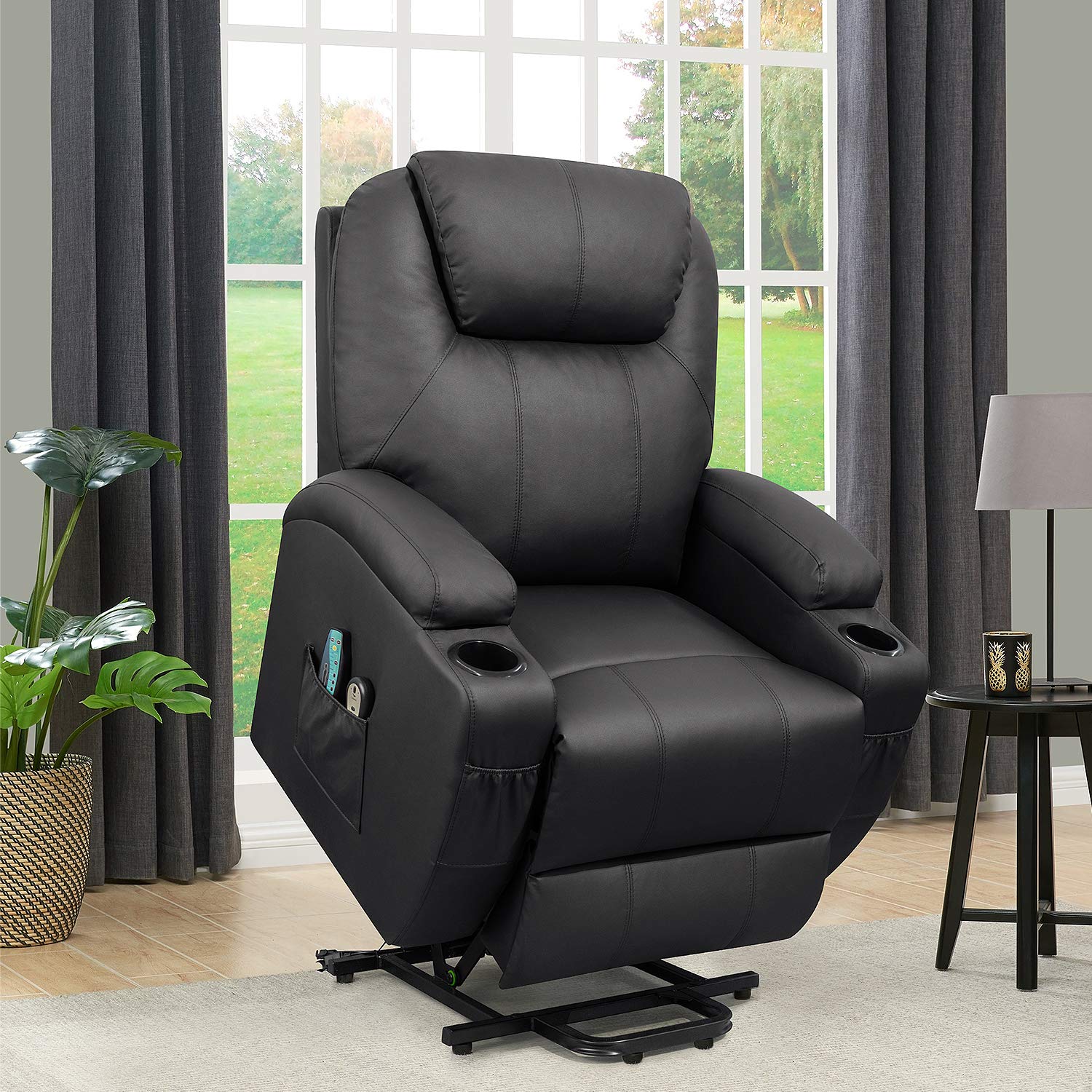 Flamaker Power Lift Recliner Chair PU Leather for Elderly with Massage and Heating Ergonomic Lounge Chair for Living Room Classic Single Sofa with 2 Cup Holders Side Pockets Home Theater Seat (Black)