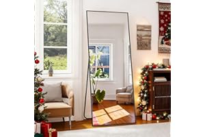 BEAUTYPEAK Full Length Mirror with Stand, 56"x21" Floor Mirror with Aluminum Alloy Thin Frame, ShatterVue Tempered Full Body Mirrors, Free Standing or Wall-Mounted Mirrors for Living Room, Black