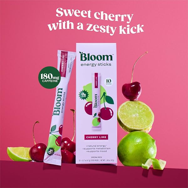 BLOOM NUTRITION ENERGY DRINK POWDER PACKETS, SUGAR FREE ENERGY DRINK MIX WITH L-THEANINE, B VITAMINS & NATURAL CAFFEINE, ON THE GO POWDER STICKS FOR NATURAL ENERGY, 10 CALORIES (10 POUCHES (PACK OF 1), CHERRY LIME)