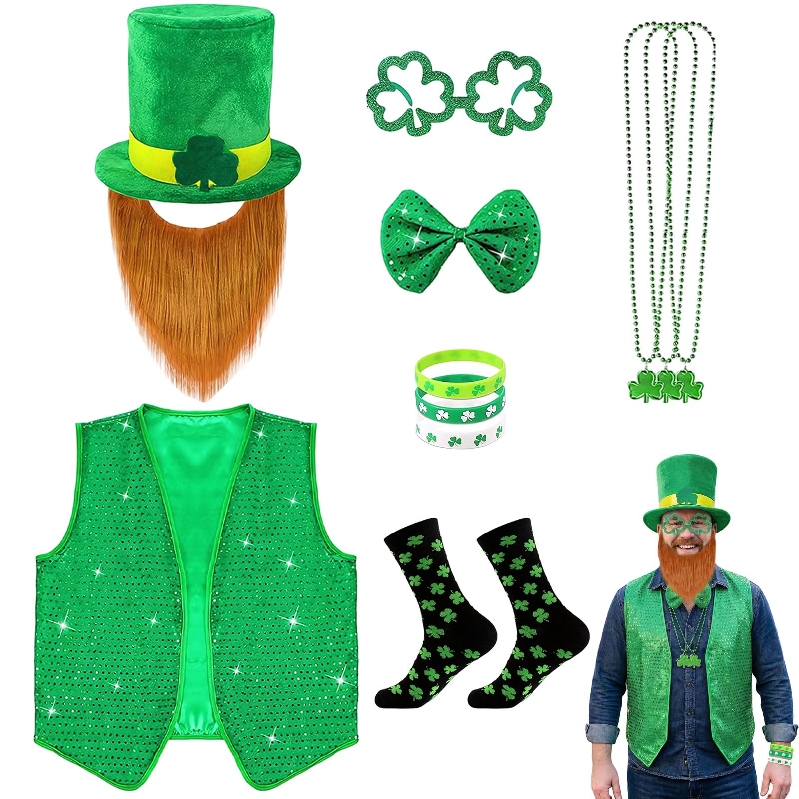 Crittygo Leprechaun Costume Adult Mens, 7Pcs St. Patrick's Day Costume Set with Sequin Shiny Vest Tall Shamrock Hat Beard Glasses, Leprechaun Fancy Dress for Irish Days Festival Outfits