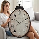 Large Oval Wall Clock 25 Inch, Antique Distressed White Decorative Clock with Metal Frame &amp; Arabic Numerals, Vintage French Country Hotel Westminster Design for Living Room, Kitchen, and Hallway Decor