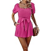 CCTOO Womens Rompers Smocked High Waist Ruffle Sleeves Short Outfits Jumpsuits with Belt