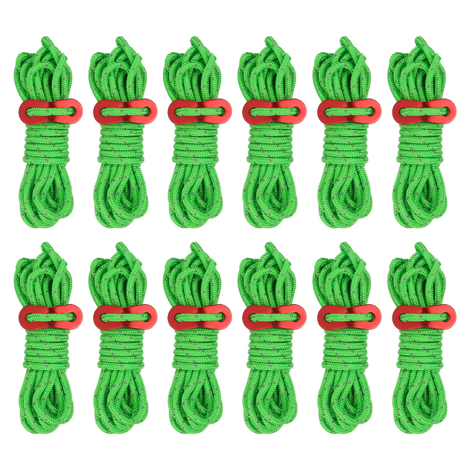 PATIKIL 4mm Tent Rope, 12 Pack 13ft Reflective Guyline Cord Tied Downs Rope Paracord Cord Camping Ropes with Red Aluminum Cord Adjusters for Camping Hiking Tent, Green
