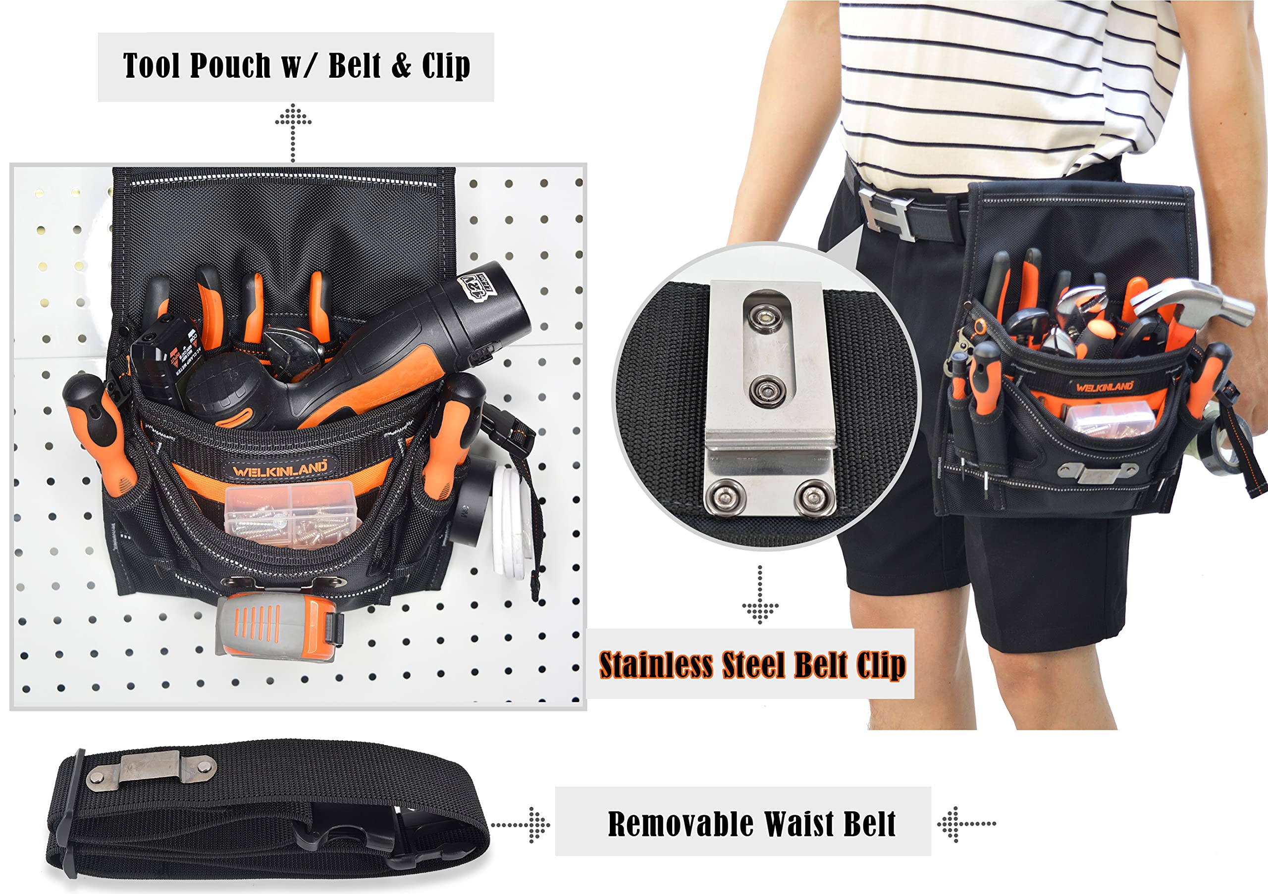WELKINLAND 10-Pockets Electrician Tool Pouch with Belt Clip, Electricians Tool Pouches Bag, Tool Pouches, Electricians Tool Belt,Electrician Tool Belt