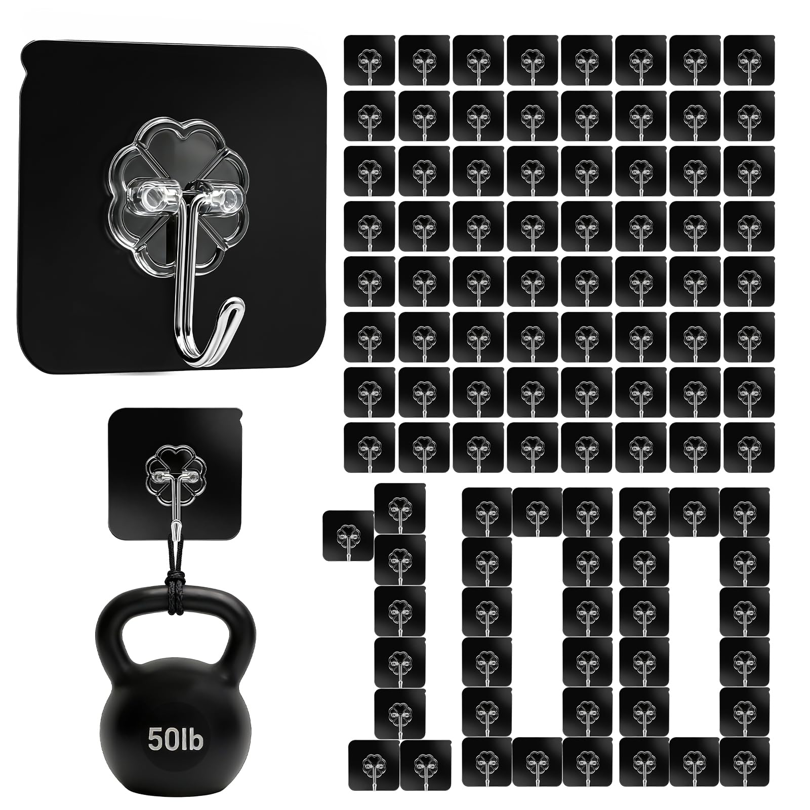 DDMY Heavy Duty Hooks Self Adhesive Hooks Newly Black Sticky for Hanging 100 Pack Waterproof Wall and Ceiling Hook with Reusable Adhesive for Shower, Kitchen, Hang Picture, Decorations,RV, No Damage Image