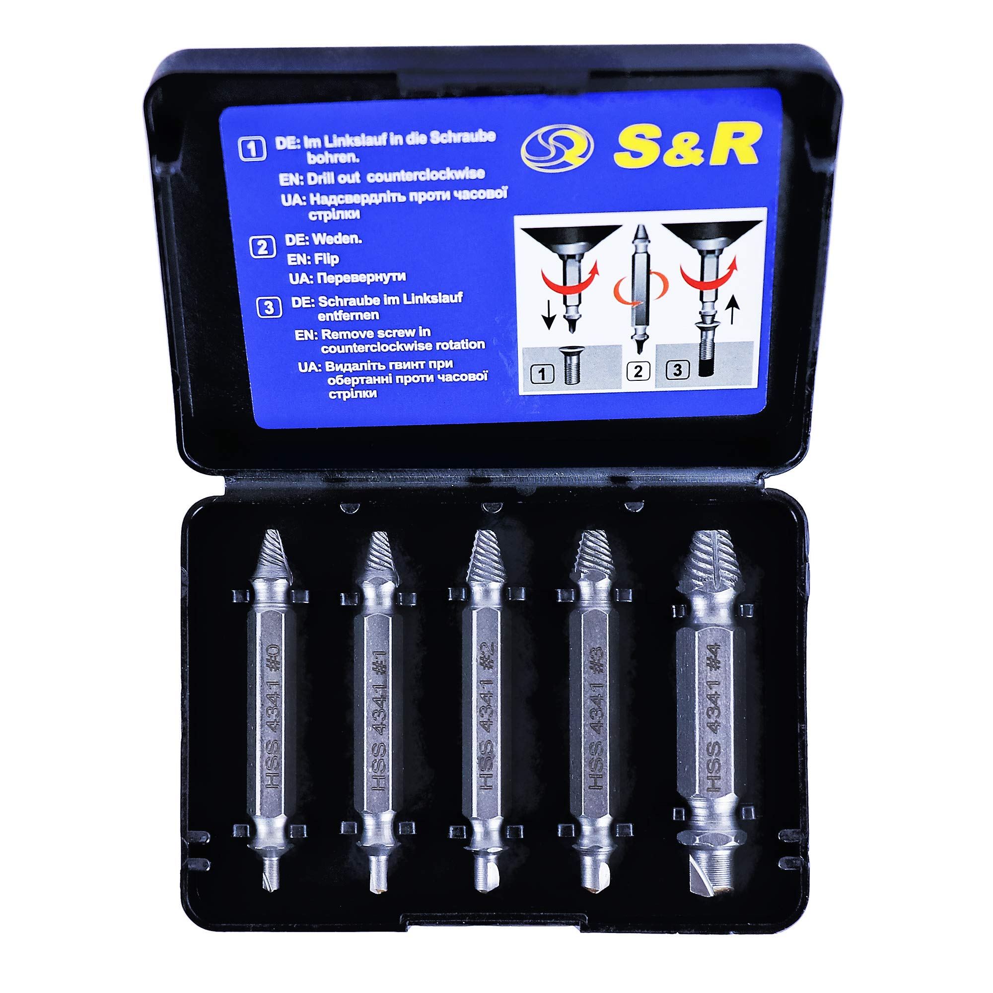 S&R Damaged Screw Extractor Set, 5-piece, Double-Sided, HRS 62-63, HSS 4341, in Plastic Box