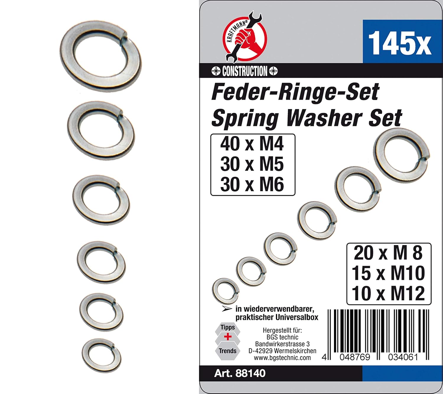 Kraftmann 88140 Assorted Spring Washer, Silver, Set of 145 Pieces