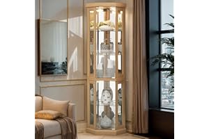 Eyisean 70" Lighted Corner Curio Cabinet, Wood China Display Case with Tempered Glass Doors & Adjustable Shelves, Light Bulb Included, Tall Wine Storage Rack for Bar and Liquor Storage (Light Oak)