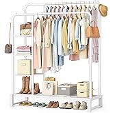 Double Rods Clothes Rack Clothing Rack with 4 Tier Storage Shelves Clothes Rack for Hanging Clothes Multifunctional Heavy Duty Clothes Organizer with Hooks for Bedroom,Wardrobe Closet,Shop,White