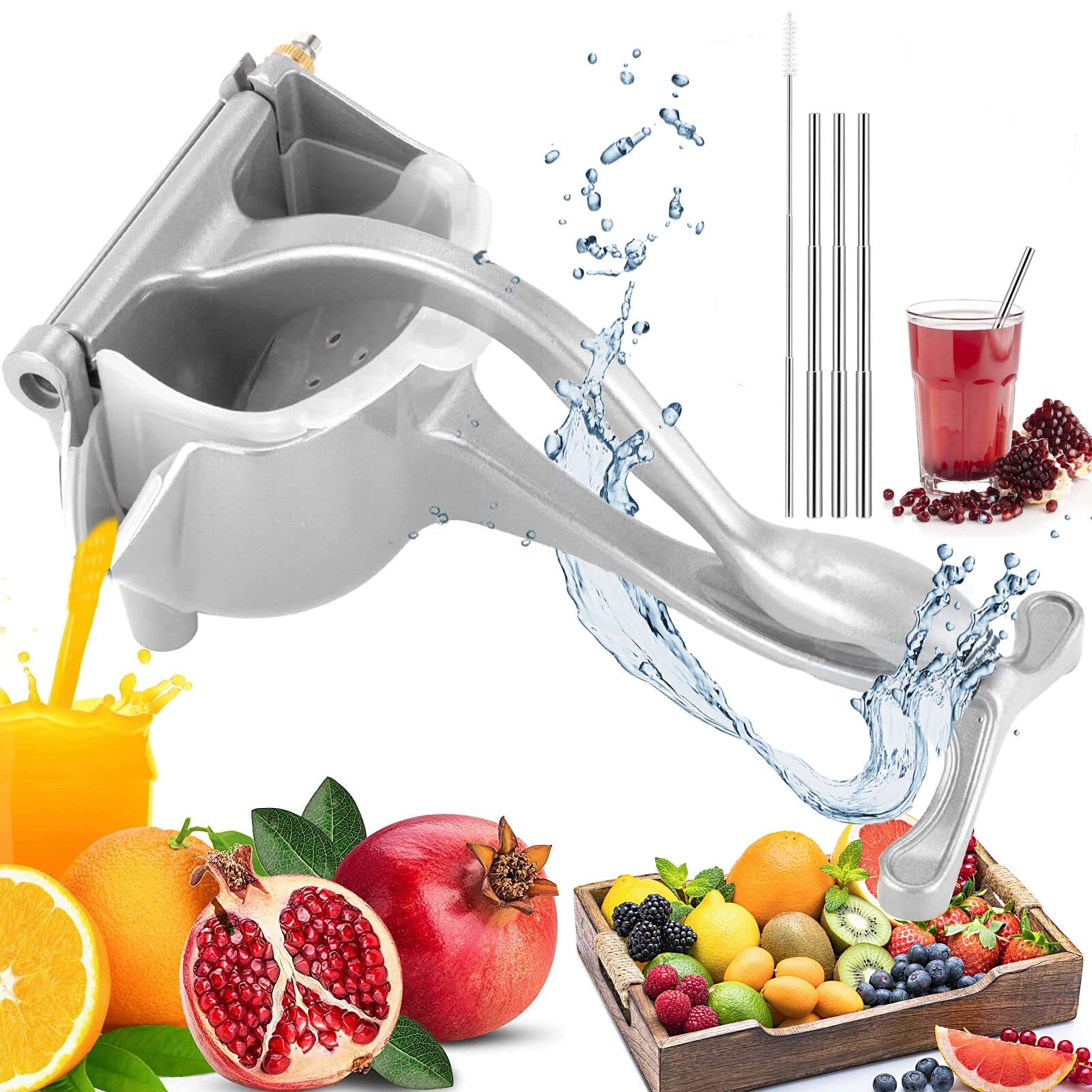 Heavy Duty Aluminum Alloy Lemon Squeezer, Household Manual Citrus Juicer Extractor, Handheld Citrus Press With 3 Retractable Stainless-Steel Straws and a Cleaning Brush