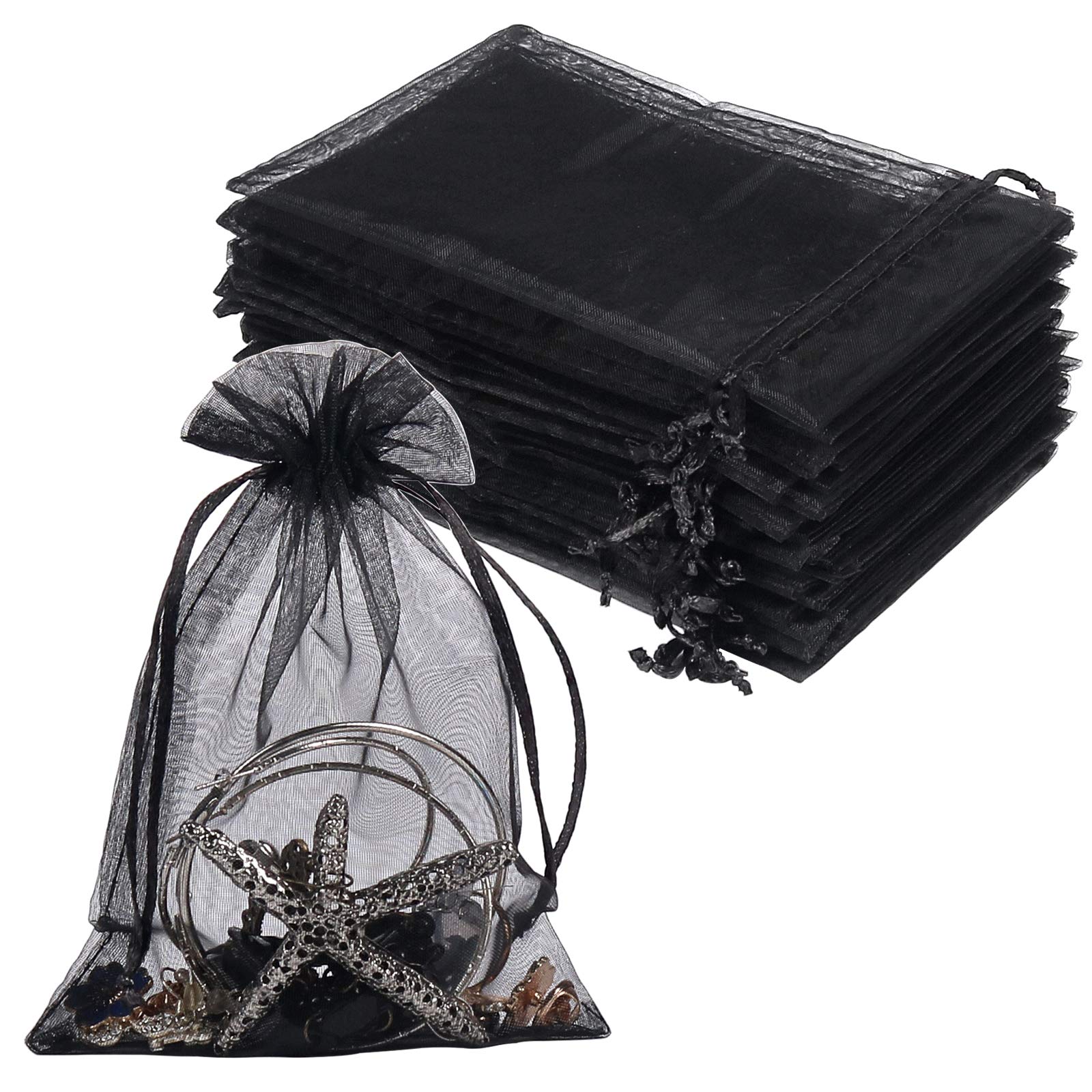 YQL 100PCS Black Organza Gift Bags, 10X15cm Mesh Wedding Favour Gift Bags with Drawstring for Jewelry Makeup Bracelet Candy Valentine Baby Shower Party Christmas Festival Packing