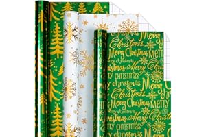 Yarcony Christmas Wrapping Paper Rolls - 17Inch x 10Feet Per Roll - Metallic Foil Wrapping paper, Luxury Shiny Tree, Christmas Text & Snowflake Design Festive Winter Gift Wrap Paper for Party, Holiday