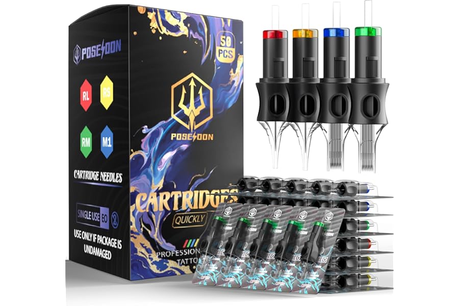 POSEIDON 50PCS Tattoo Cartridge Needles Assorted Mixed Size #12 Round Liner Shader Magnum – 5RL 7RL 9RL 5RS 7RS 9RS 7M1 15M1 7RM 15RM with Membrane Professional Disposable Tattoo Needles