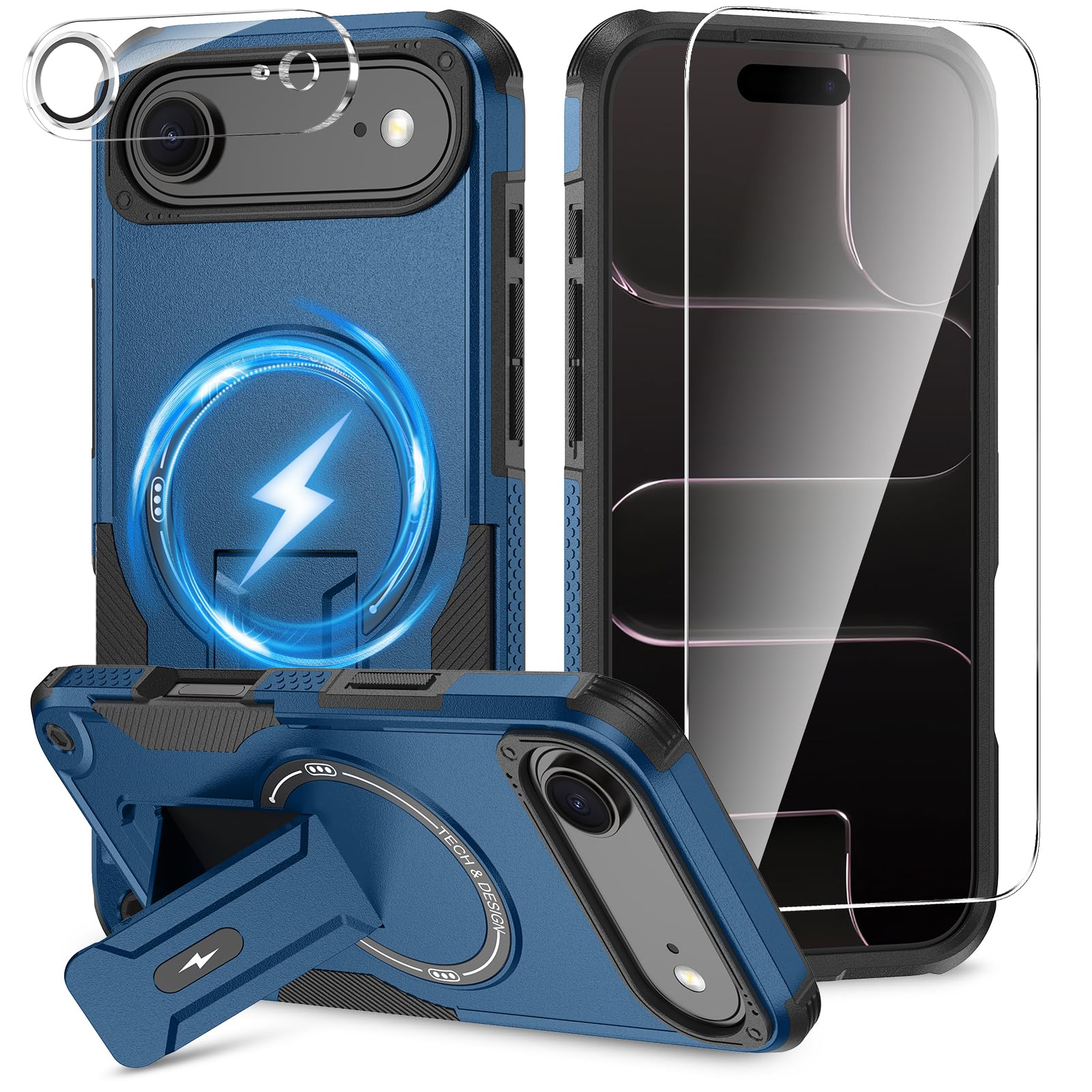 Photo 1 of 3 in 1 for iPhone Air Case [Compatible with MagSafe] [Invisible Kickstand] [HD Screen Protector] [Camera Lens Protector], Protective Magnetic Phone Cover for iPhone 17 Air (Blue)