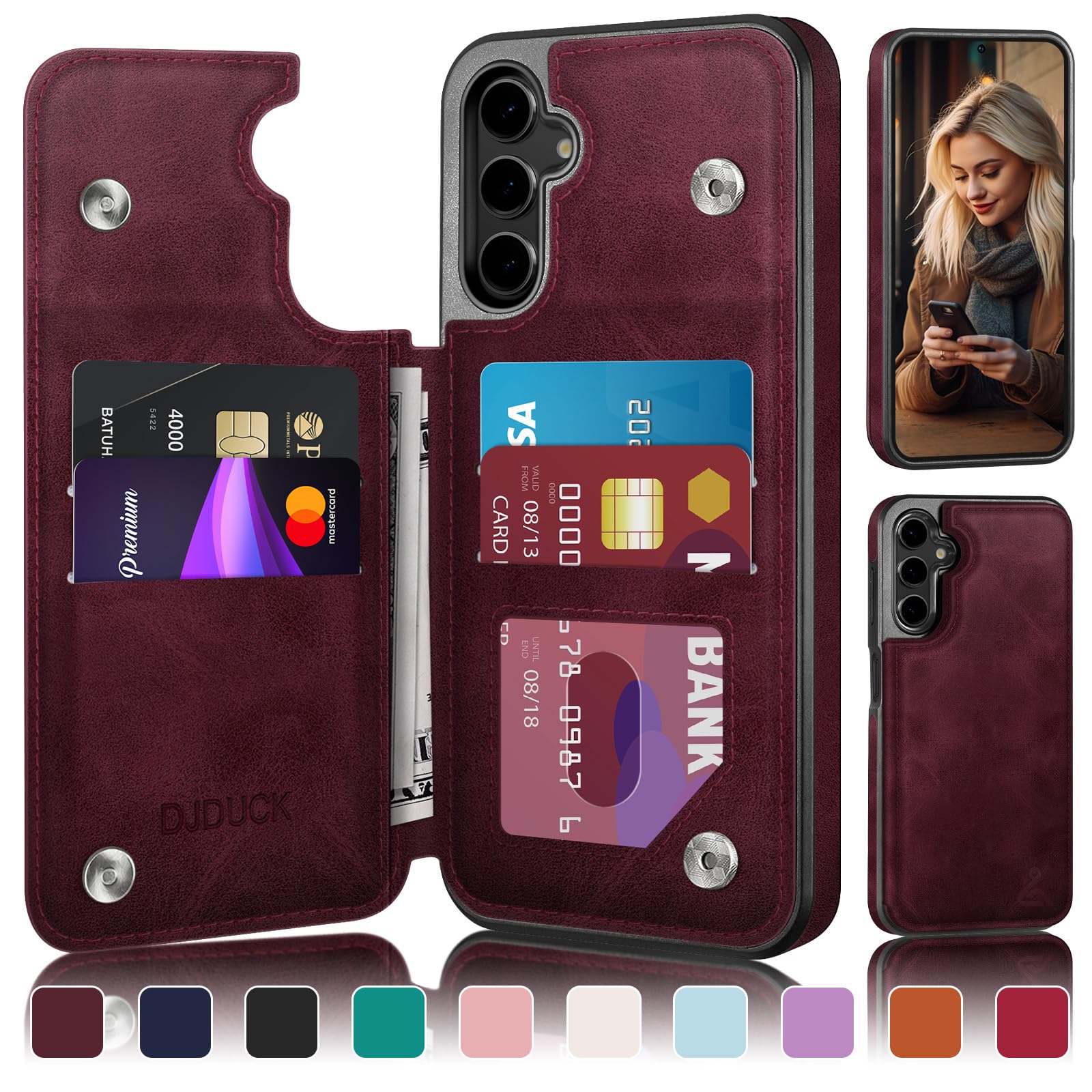 DJDUCK Designed for Samsung Galaxy S25 Plus Case Wallet with Card Holder, [Magnetic Clasp Cover] [RFID Blocking Leather Protection] Shockproof Women Men Cases for Samsung S25 Plus Wine Red