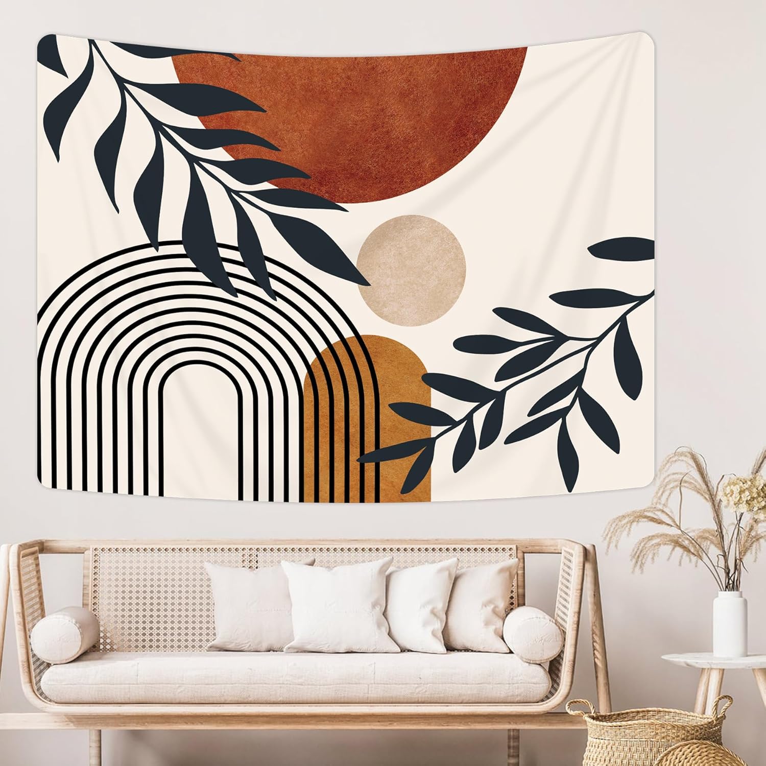 Tapestries - KOMLLEX Boho Abstract Mid Century Tapestry 78Wx59H Minimalist Arch Sun Leaves Brown Beige Aesthetic Geometric Modern Plant Botanical Wall Hanging Neutral Home Decor Art for Living Room Bedroom Dorm