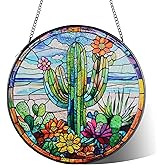 Cactus Suncatcher Decor, Cactus Stained Glass Window Art Beach Decor Sea Glass Hanging - 7.9" Outdoor/Indoor Art Decor for Home Garden