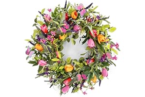 LOKEISNA 24" Wreaths for Front Door, Wreath with Tulip Wreath, Butterfly, Lavender and Eucalyptus, Vivid Artificial Floral Wreath for Wall Window Farmhouse Party Holiday Home Décor