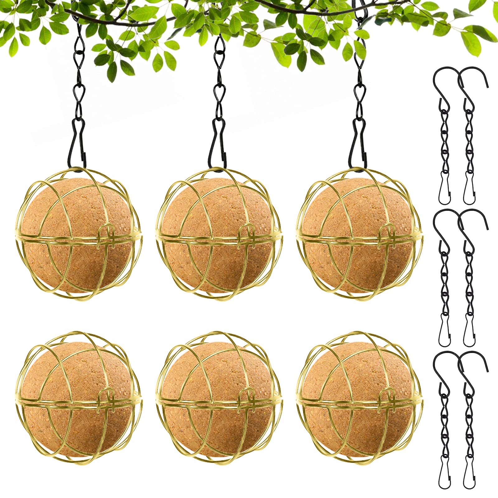 6 Pcs Bird Fat Ball Feeders Hanging Bird Feeder Metal Fat Balls, Fat Ball Bird Feeder With 6 Hooks Suet Ball Feeder, Fat Ball Feeders For Birds Finch Sparrow Robin Outdoor Garden (Gold)