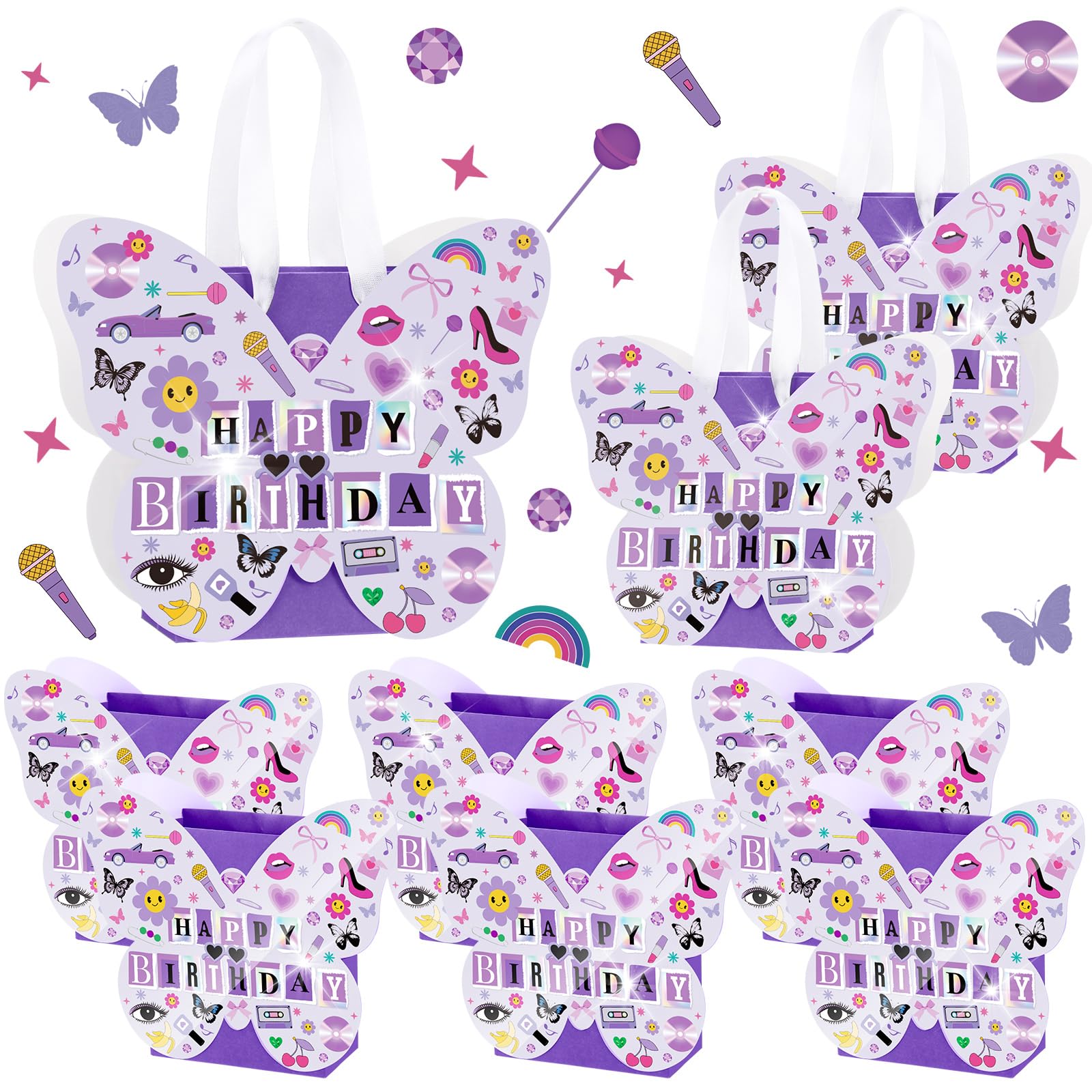 Photo 1 of Sweetude 24 Pack Pop Music Purple Butterfly Birthday Party Decorations Singer Party Favor Butterfly Popular Music Gift Bags Sing Goodie Treat Candy Bags for Birthday Vocalist Concert Fans