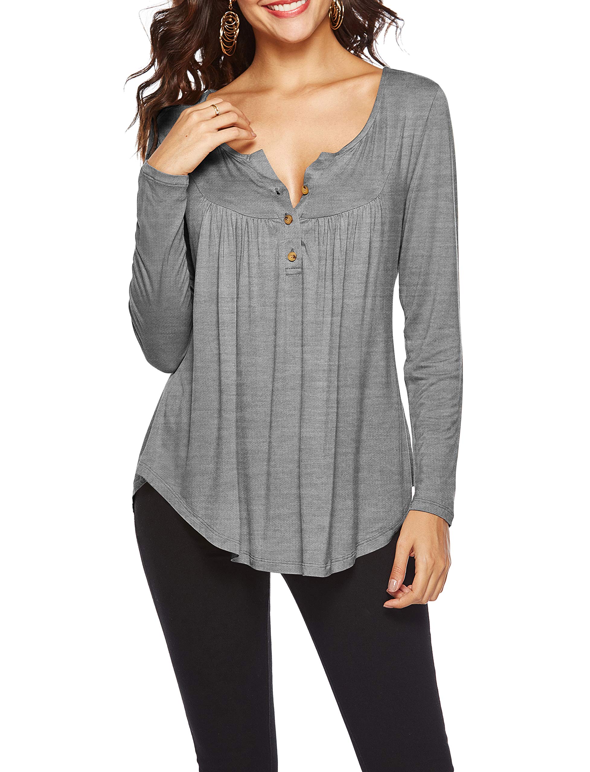 Eanklosco Womens Tops V Neck T-Shirts Swing Ruffle Blouses Button up Tunic Casual Flowy Long Sleeve (Grey, L)