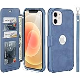 VANAVAGY Compatible for iPhone 12/12 Pro Wallet Case for Women Men, PU Leather Flip Phone Cover with Wristlet for Wireless Charging with RFID Blocking Card Holder Screen Protector, Blue