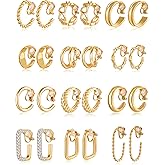 Tornito 12 Pairs Clip on Hoop Earrings for Women Geometric Round Twist Chunky Hoop Earrings No Piercing Fake Earrings Gold Silver Tone