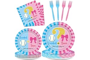 OBUSATT 96pcs Gender Reveal Decorations Baseball or Bows Gender Reveal Paper Disposable Plates and Napkins Boy or Girl Gender Reveal Party Supplies Blue or Pink Gender Reveal Party Tableware Serves 24