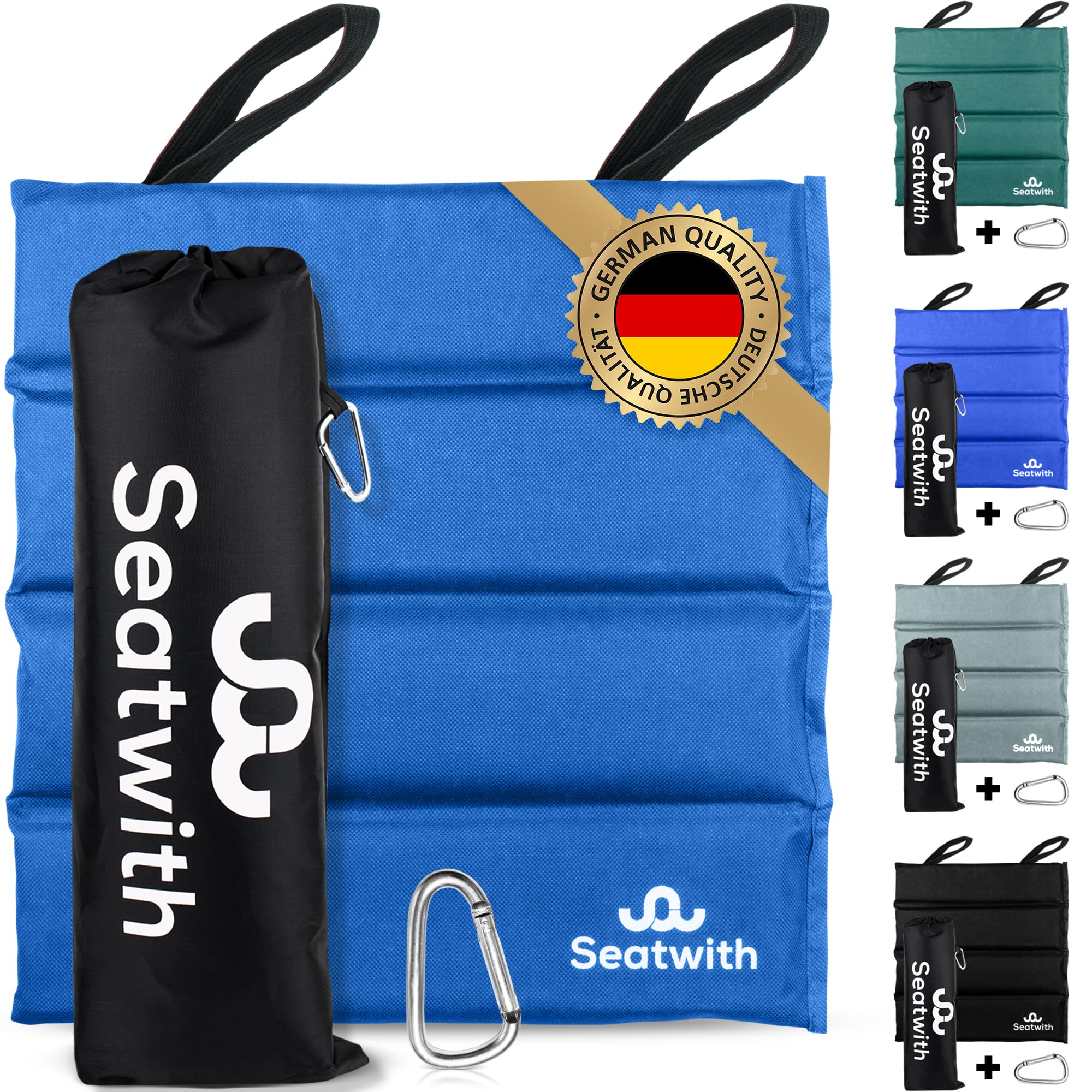 Seatwith Folding Sit Mat (14''x14'') - Sitting Pad with Carry Bag & Snap Hook to Attach to the Backpack - Protection Against Cold, Wet & Dirt - Blue