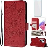 OUEAYIEN for Samsung Galaxy S25 Ultra 5G Phone Case Wallet with Screen Protecter RFID Blocking Card Women Cell Cover Floral Blutterfly Case for Samsung S 25 Ultra Galaxy S25Ultra 5G Red
