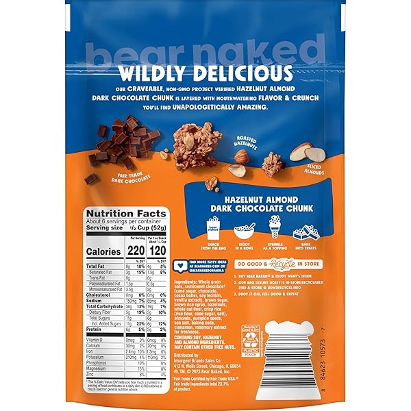 BEAR NAKED GRANOLA CEREAL, WHOLE GRAIN GRANOLA, BREAKFAST SNACKS, HAZELNUT ALMOND DARK CHOCOLATE CHUNK, 11OZ BAG (1 BAG)