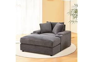 BUIORD 44" Oversized Corduroy Chaise Longue with Storage Spaces⋓ Holder,Comfy Thicked Upholstered Pad Lounge Chair with Ottoman,Soild Wood Sleeper Reclining Chair